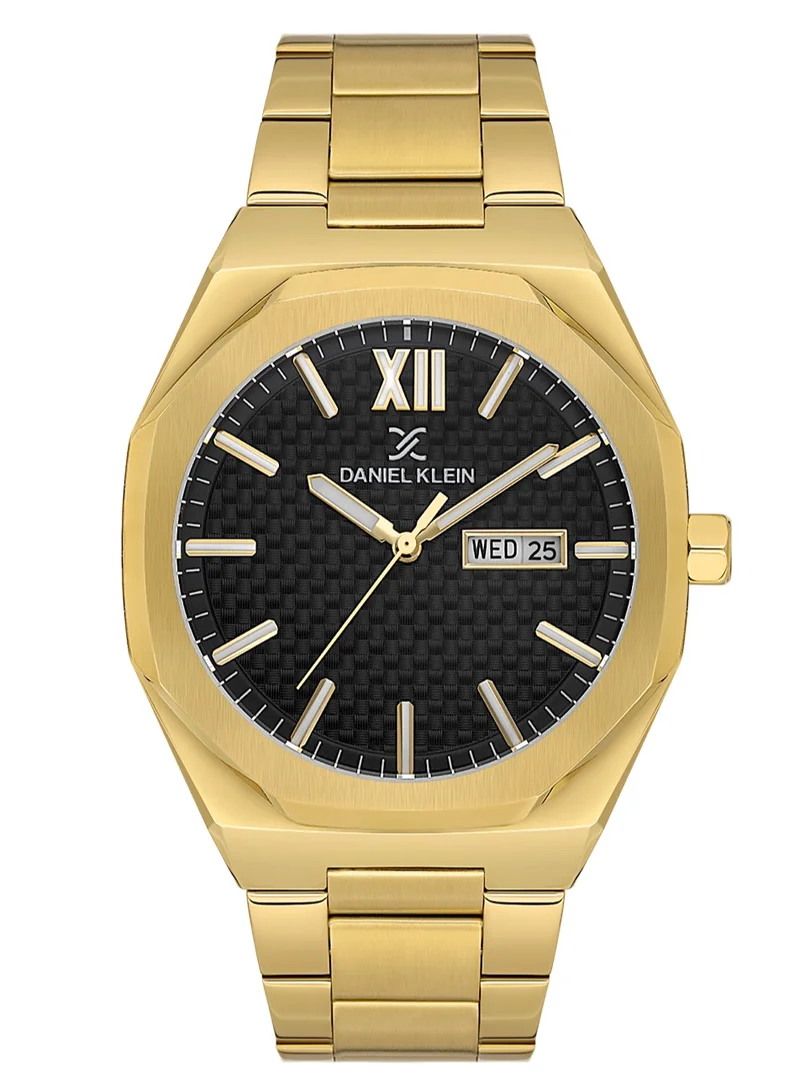 DANIEL KLEIN Men's Stainless Steel Gold Alloy Case Analog Black Round Emboss Dial Japanese Quartz Premium 50 Meters Water Resistant